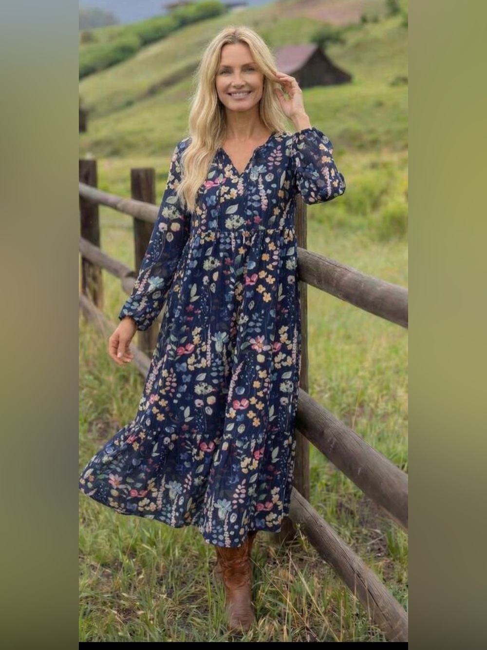 New Navy Floral Pattern Boho Dress large